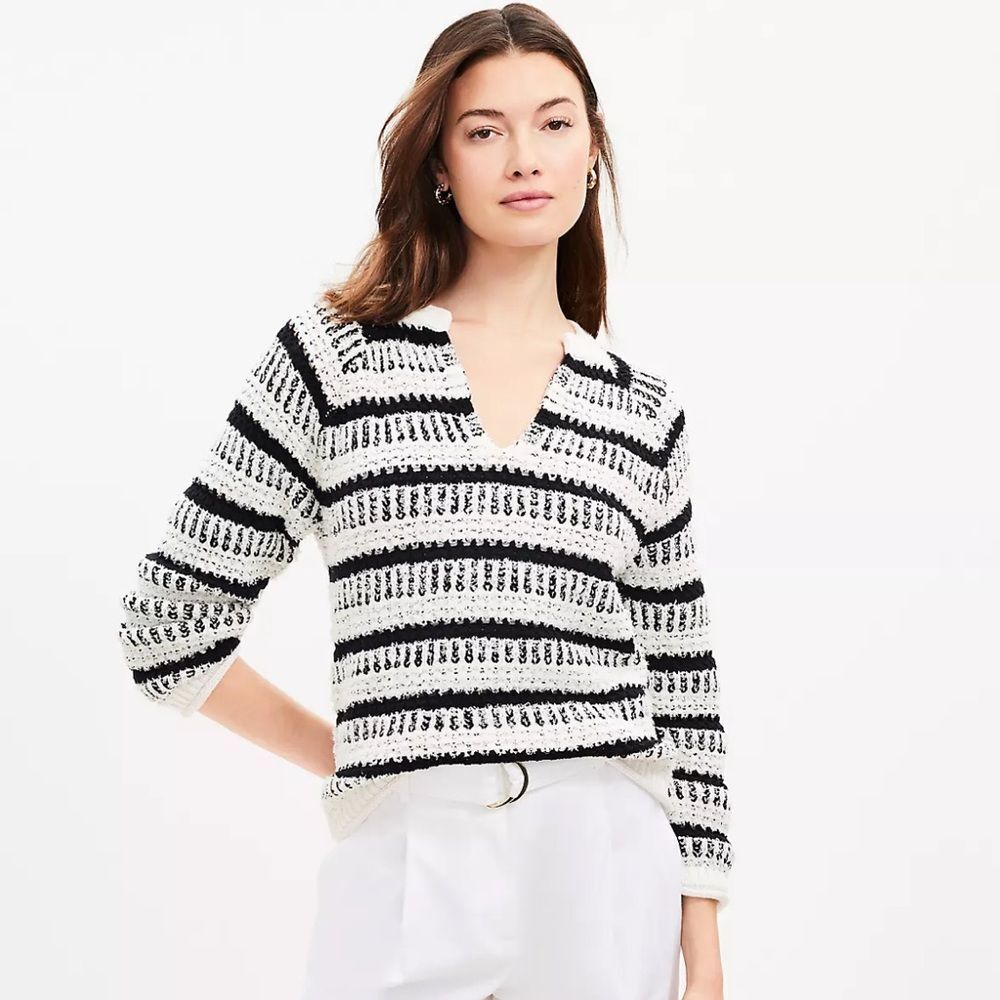 Loft Black White Striped Open Knit Split Neck Pullover Sweater Chunky
